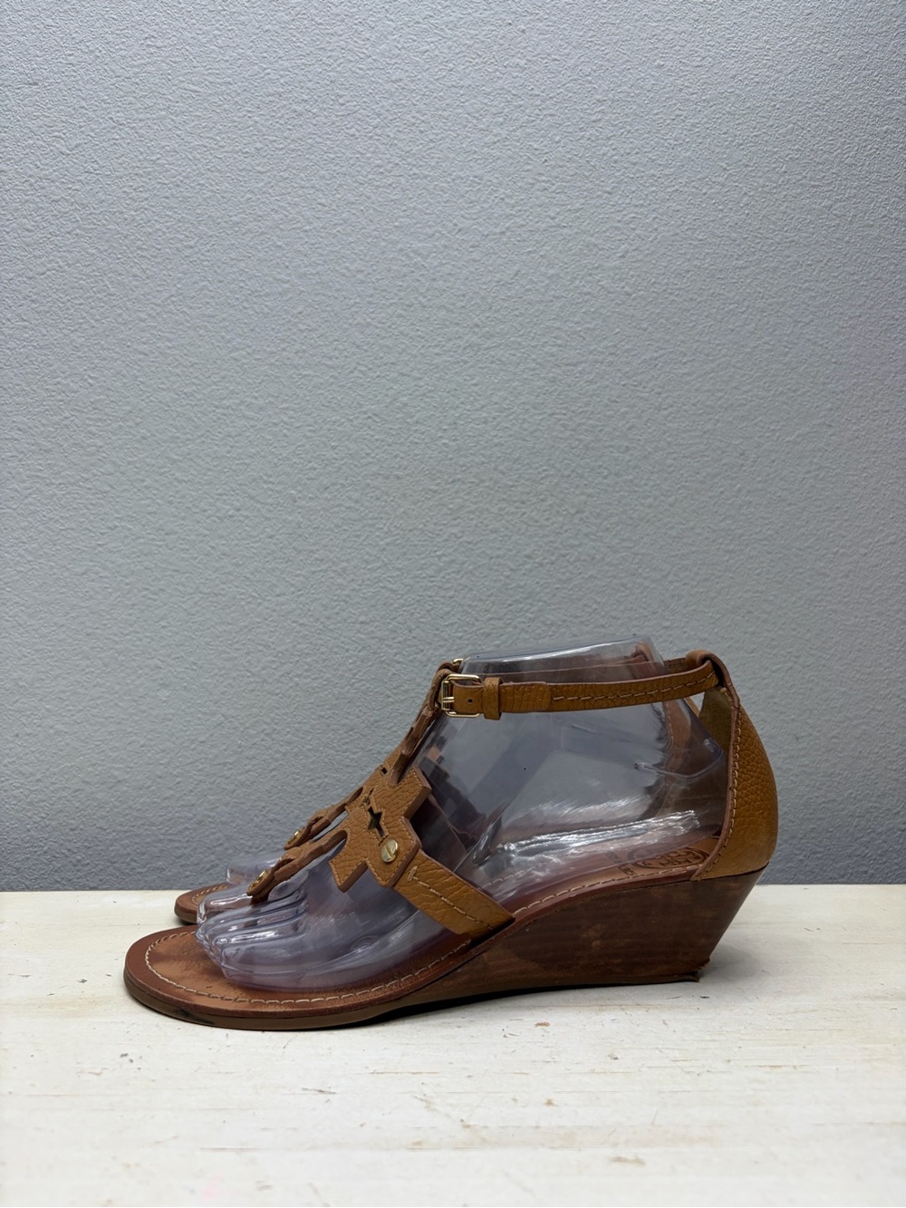 Tory Burch Brown Leather Chandler Logo Wedge Sandals Size 8